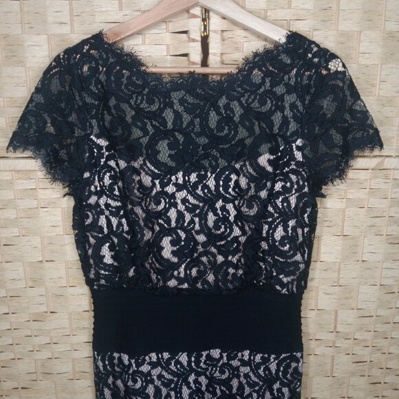 Tadashi Shoji Lace Nude Illusion Flared Evening Gown Dress Bateau Cap Sleeves 6 - Picture 3 of 11